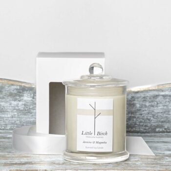 Jasmine and Magnolia scented soy candle by Little Birch